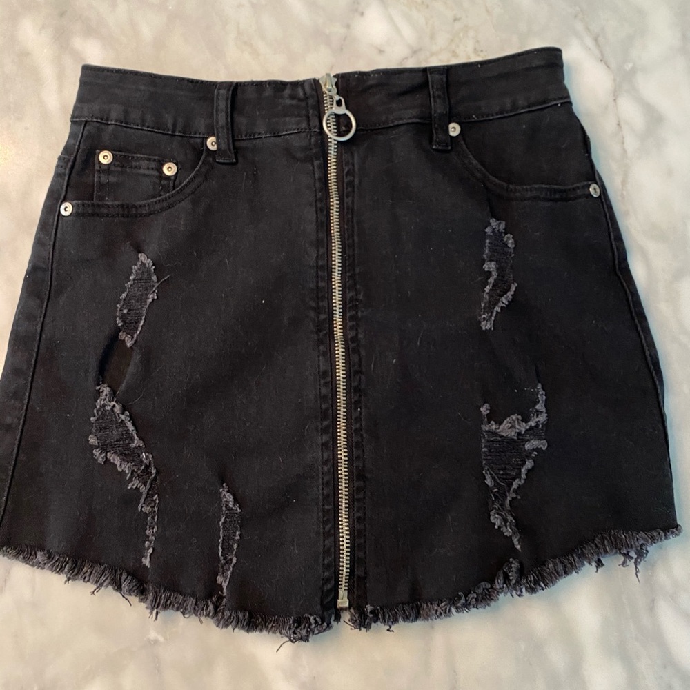 Black distressed jean skirt